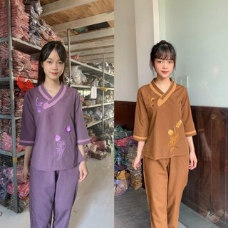Đồ lam đi chùa mẫu nữ thêu sen kate loại 1