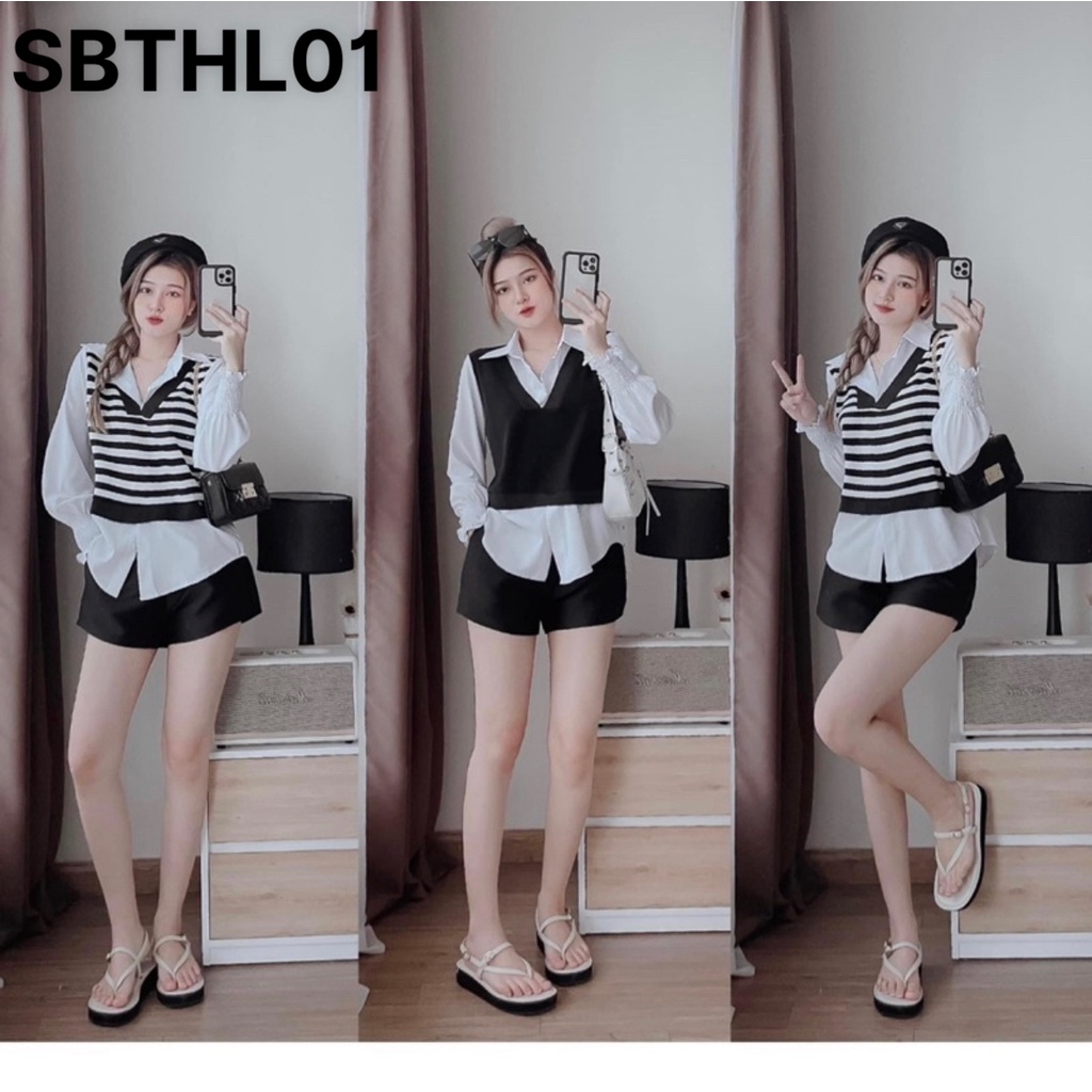 MSP: SBTHL01 Sét 3 Món Áo Sơ Mi Phối Gile Kèm Quần Short Bigsize Quỳnh Anh Từ 50kg Đến 100kg(M/L/XL/XXL)(Sét Bộ Đi Chơi)