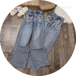 Quần jeans suông túi rách kiểu cạp cao phom dài dáng basic