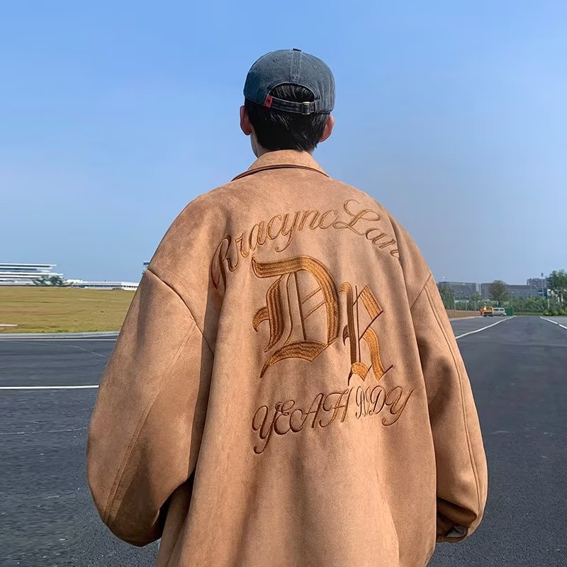 Áo Khoác Cardigan Da Lộn Dáng Rộng Thêu Chữ Và Hoa Hồng Thời Trang Đường Phố Cho Cặp Đôi