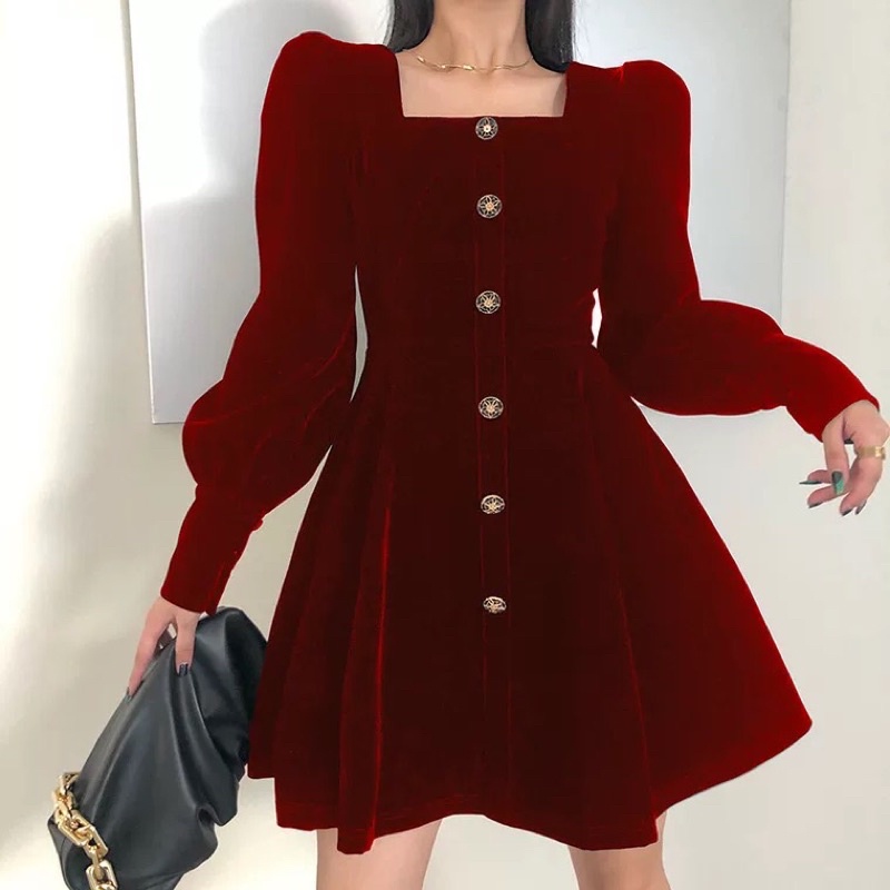Váy nhung cổ vuông phối khuy tay bồng dài cho nữ có big Size