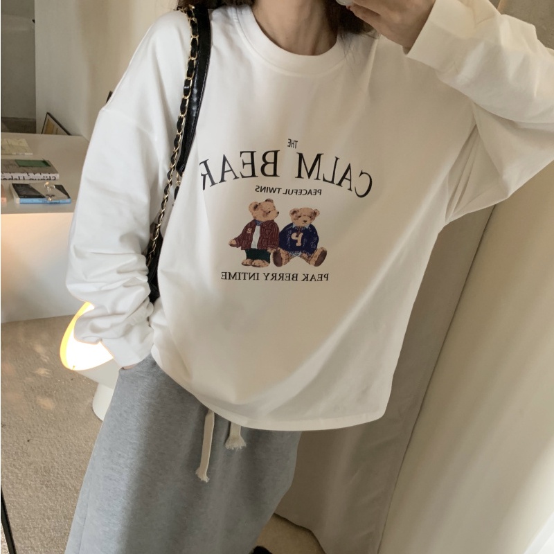 SUXI Áo Thun Dài Tay Dáng Rộng In Họa Tiết Xinh Xắn Theo Phong Cách Thu Đông Hàn Quốc Dành Cho Nữ