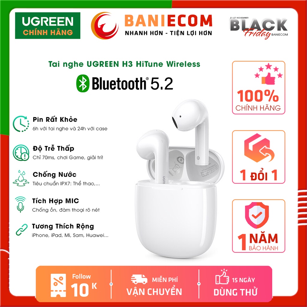 Tai Nghe Không Dây UGREEN HiTune H3 True Wireless Chống Ồn Bluetooth 5.2 Nghe nhạc liên tục 6h, kiểu dáng Airpod - WS109