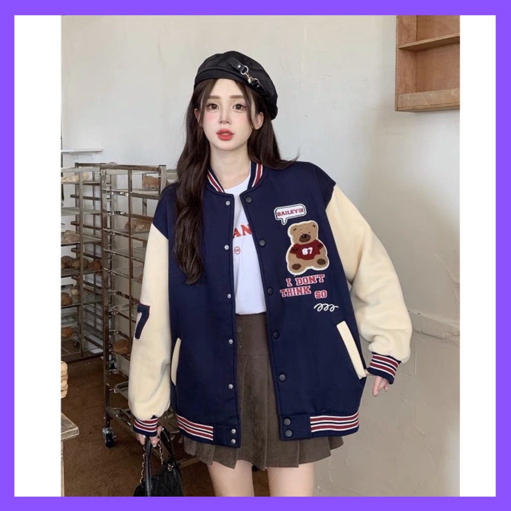 Áo Khoác bomber nam nữ 2 lớp , áo bomber phối màu unisex Logo gấu chất nỉ bông HOTTREN