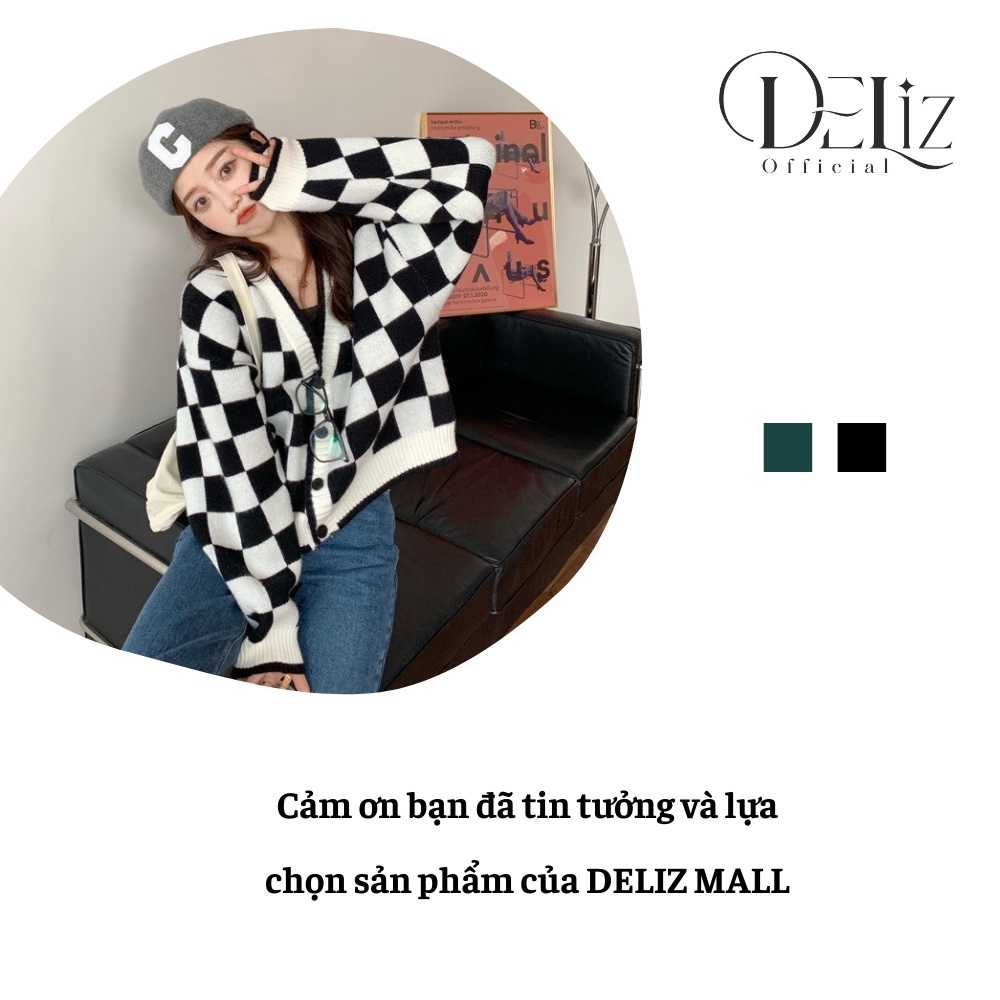 Áo khoác cardigan len dáng ngắn DELIZ, áo khoác len croptop kẻ caro ulluzang