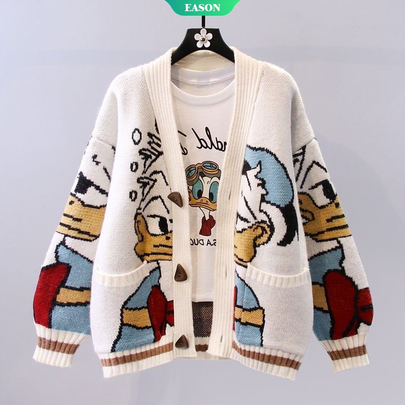 DISNEY Áo Khoác Cardigan Dệt Kim Dày Dáng Rộng In Hoạt Hình Vịt Donald Kiểu Nhật Bản Thời Trang Thu Đông 2022
