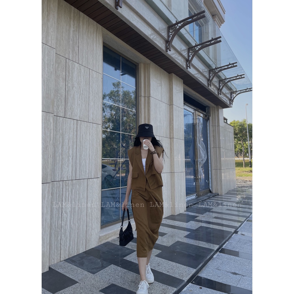 Set combo Áo Blazer và chân váy midi độc lạ, vải Linen cao cấp