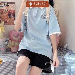Áo Thun Polo Có Cổ Form Rộng Tay Lửng Nữ -TTLCC63 Thêu Gấu – Chất Thun Cotton Mềm Mát – 3 Size – Phối Tay Cực Đẹp