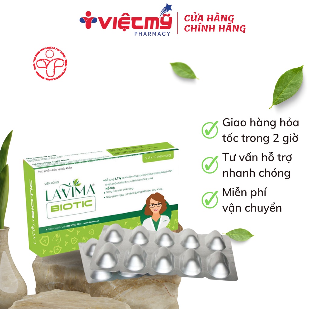 Viên uống phụ khoa, Men vi sinh vùng kín LAVIMA BIOTIC 20 Viên, giảm khí hư, ngứa rát Việt Mỹ Pharmacy