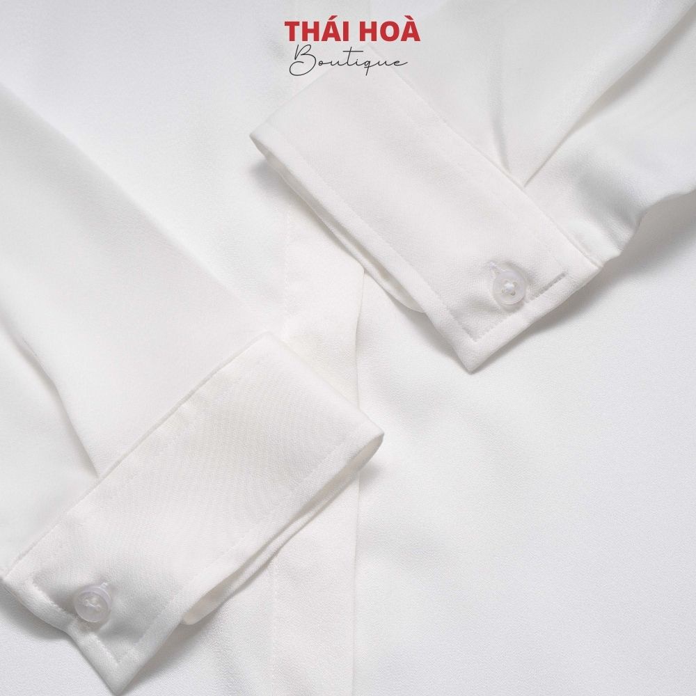 Áo sơ mi nữ lụa công sở màu trắng dài tay thiết kế kiểu dáng thanh lịch Thái Hòa 8883-01-01