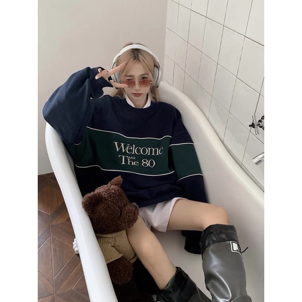 ÁO NỈ SWEATER xanh than phối màu sọc xanh lá thu đông 2022