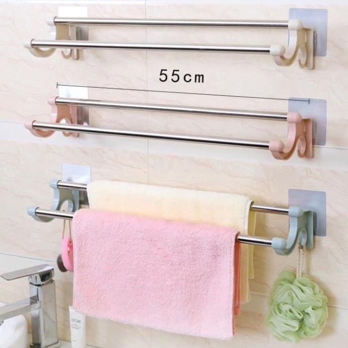 Giá Treo Khăn Nhà Tắm Loại Dài Inox 2 Tầng Dán Tường Không Cần Khoan Vít, Giá Để Khăn Phơi Khăn Mặt