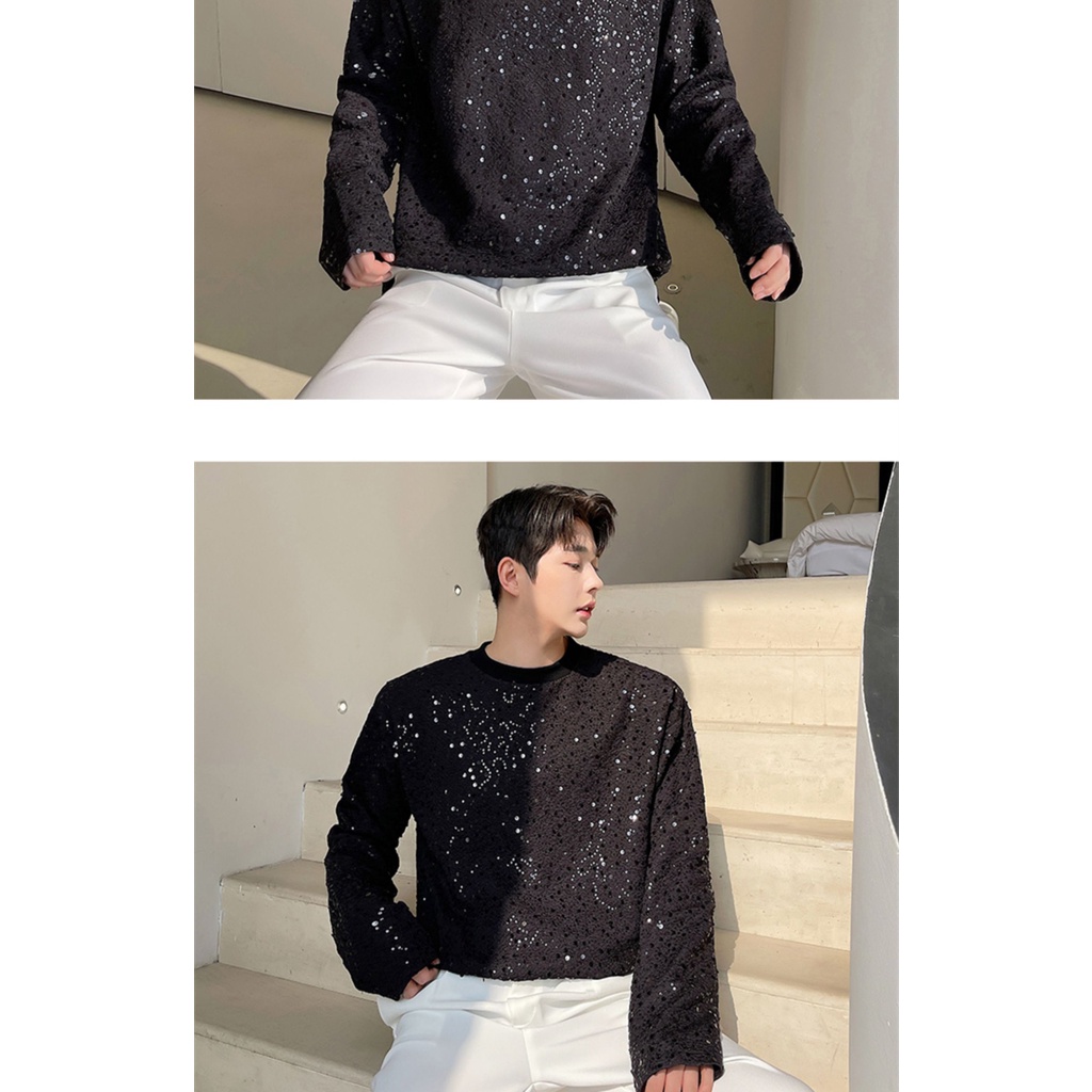 November Áo Thun Tay Dài Dáng Rộng Thêu Họa Tiết Đính Kim Sa Phong Cách Hàn Quốc Thời Trang Mùa Thu Mới Cho Nam