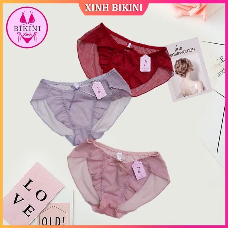 Quần Lót Nữ Ren Lưới Xuyên Thấu - Quần Lót Ren Tàng Hình Viền Bèo Đính Nơ - Che Tên Sản Phẩm - Xinh Bikini - Mã VDL0346