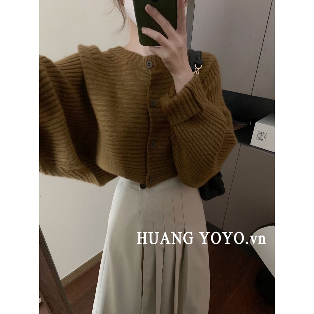 HUANG YOYO Áo croptop Cardigan Dệt Kim Tay Dài Cổ Tròn Màu Trơn Thời Trang Hàn Quốc Cho Nữ 2023