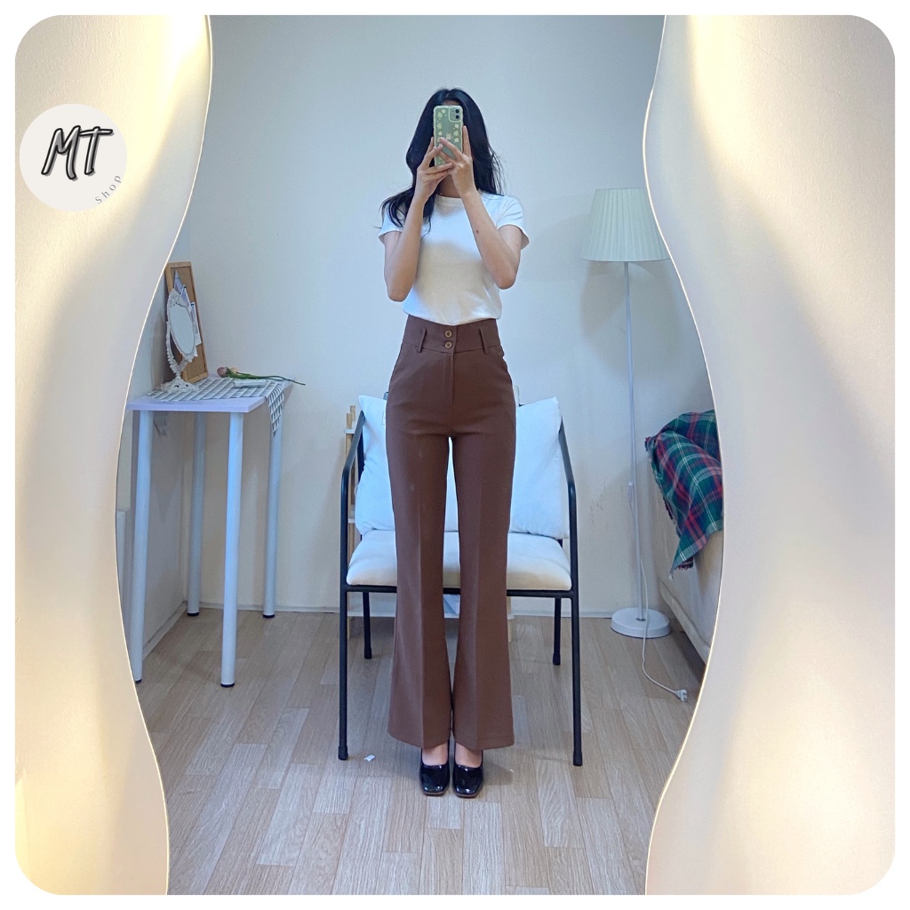 Quần ống loe nữ cạp cao phối 2 khuy dáng dài chất tuyết mưa full size