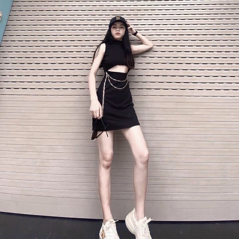 Đầm ba lỗ phối xích ôm body khoét eo chất thun borip dày mịn đẹp