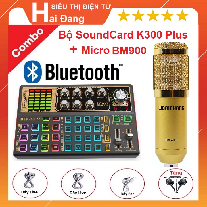 Combo Sound Card K300 Plus, Micro Thu Âm BM 900, Tặng Tai Nghe AKG, Bộ Thu Âm - Hát Livestream - Karaoke Rất Hay - 2022