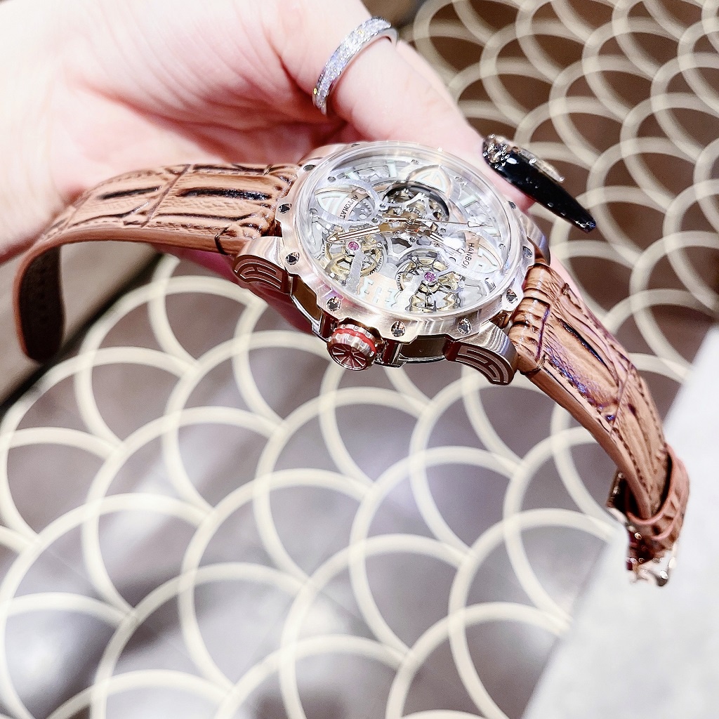 Đồng Hồ Nam Hanboro Automatic  Dây Da Nâu Gân Rose Gold 44mm