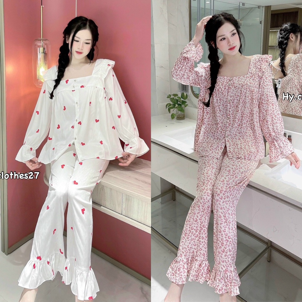 BỘ NGỦ LỤA dài tay tiểu thư cổ vuông mềm mịn