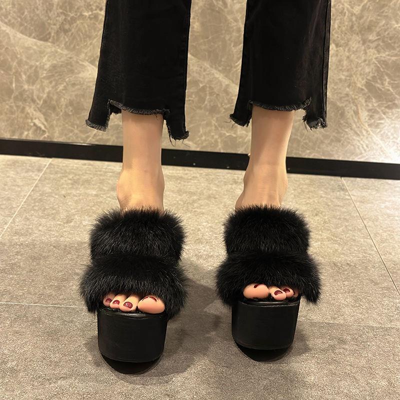Dép Bông Đi Trong Nhà Bằng Cotton Phối Lông Thỏ Nhân Tạo Hai Quai Ngang Phong Cách Hàn Quốc Dành Cho Nữ