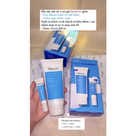 Sữa rửa mặt Murad xanh da dầu mụn Clarifying Cleanser fullsz fullbox 200ml và set Murad xanh