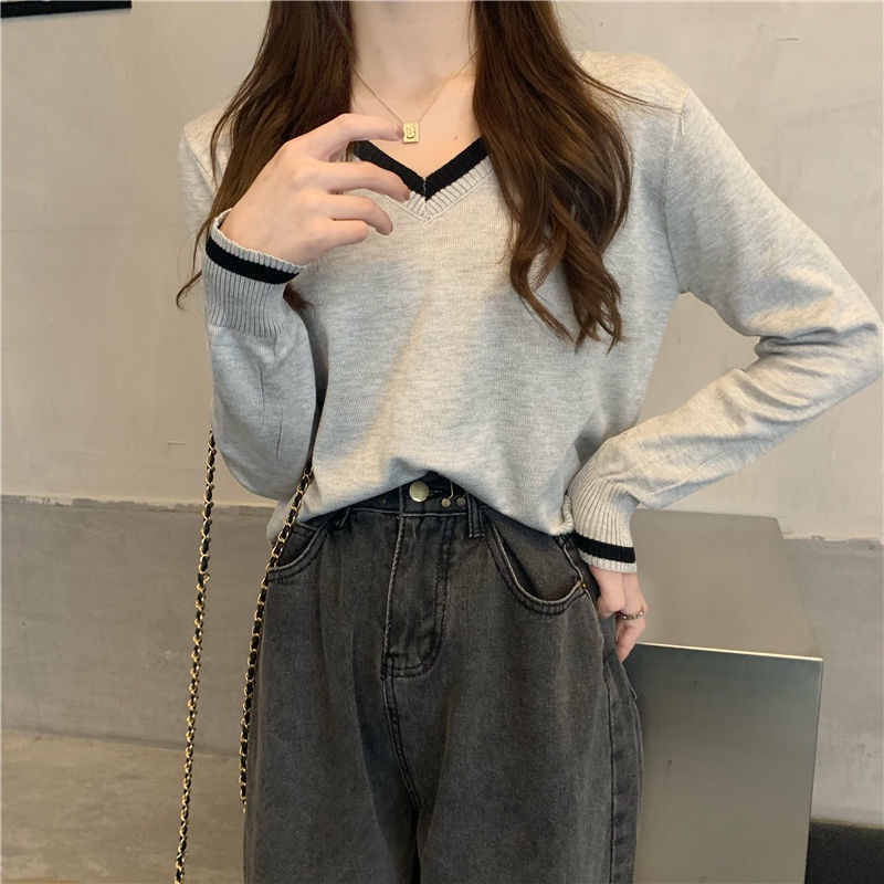 COZOK Áo Thun Ngắn Tay Dài Cổ Chữ V Màu Tương Phản Thời Trang