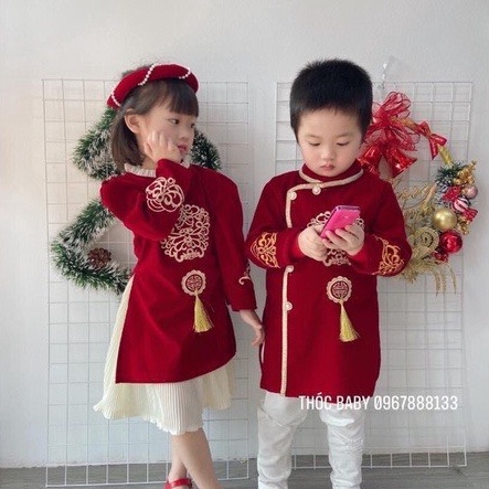 Set Áo Dài Tết Cách Tân Cho Bé Trai Bé Gái WOWKIDS Chất Nhung Lì Thêu Phượng Cho Bé Từ 8 - 28kg