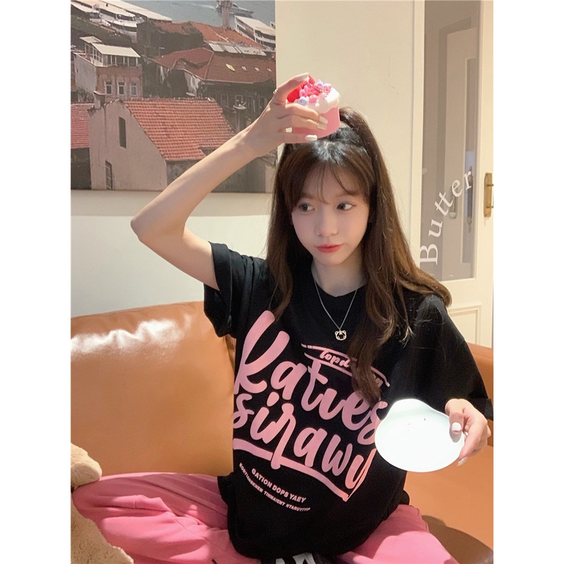 Áo Thun Ngắn Tay Dáng Rộng In Chữ Thời Trang Mùa Hè Hàn Quốc