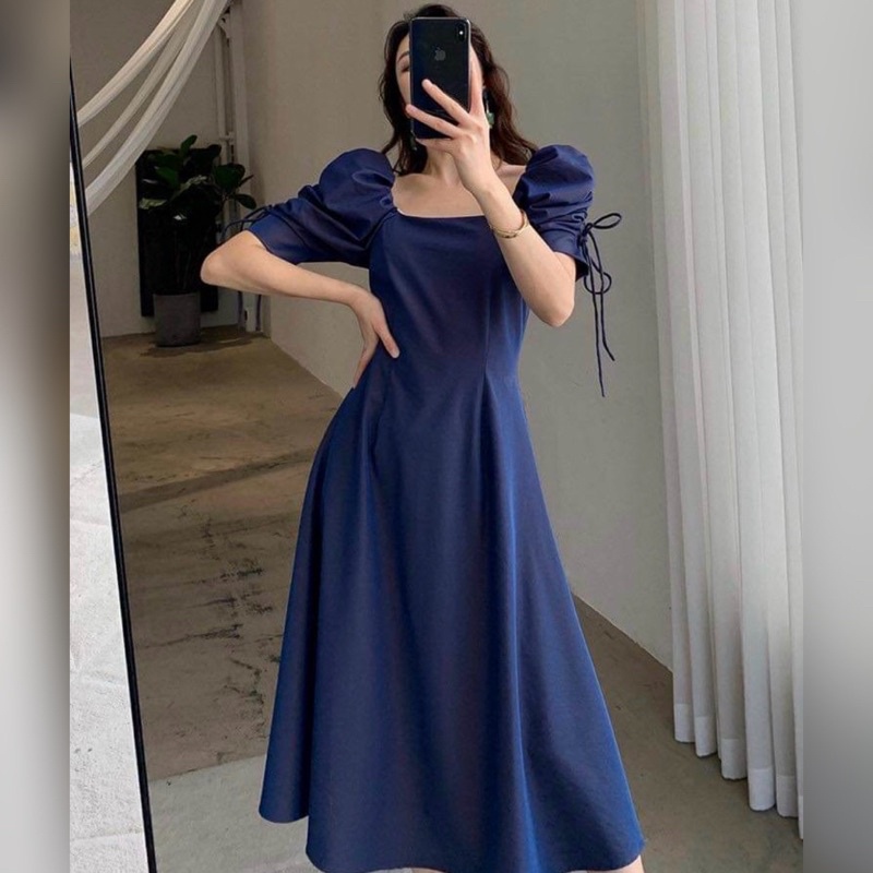 Đầm xanh đen tay rút (kèm hình thật)