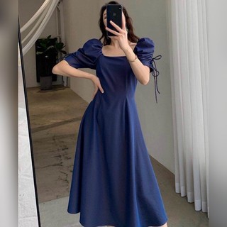 Đầm midi xanh đen tay rút, váy dạo phố (kèm hình thật)