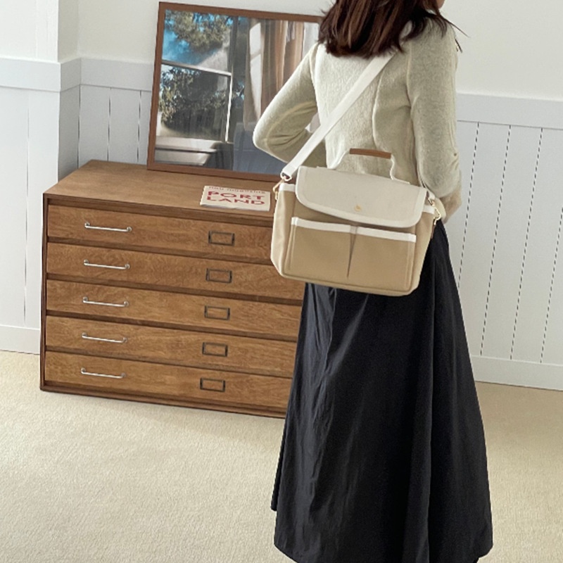 Túi Đeo Chéo Vải canvas Ghép Mảnh Đơn Giản Phong Cách Hàn Quốc Cho Nữ