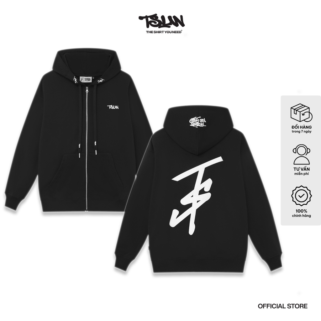 Áo Hoodie Zip TSUN BigLogo - Khóa Kéo - Thêu - [UNISEX] - Đen - Thêu trên Nón, In Dây Luồng Nón