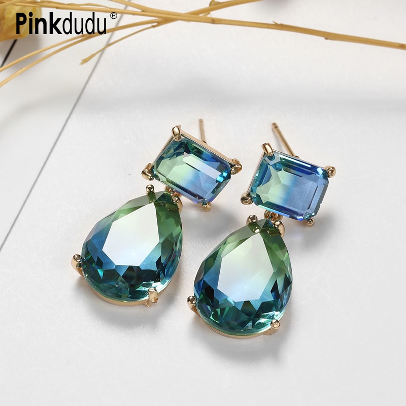 PINKDUDU Đôi Khuyên Tai Đính Đá Thủy Tinh Màu Tím / Đỏ Thời Trang Dành Cho Nữ PD906