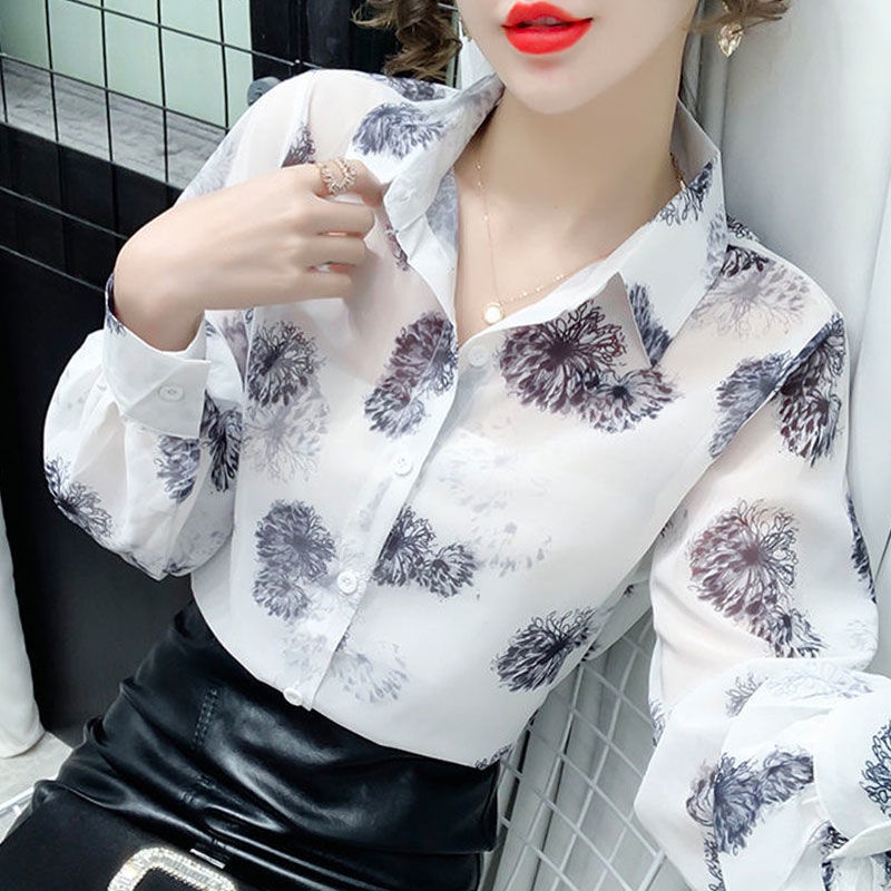 Áo Sơ Mi Chiffon Tay Phồng Chống Nắng In Họa Tiết Hoa Thời Trang Xuân Hè Quyến Rũ Cho Nữ