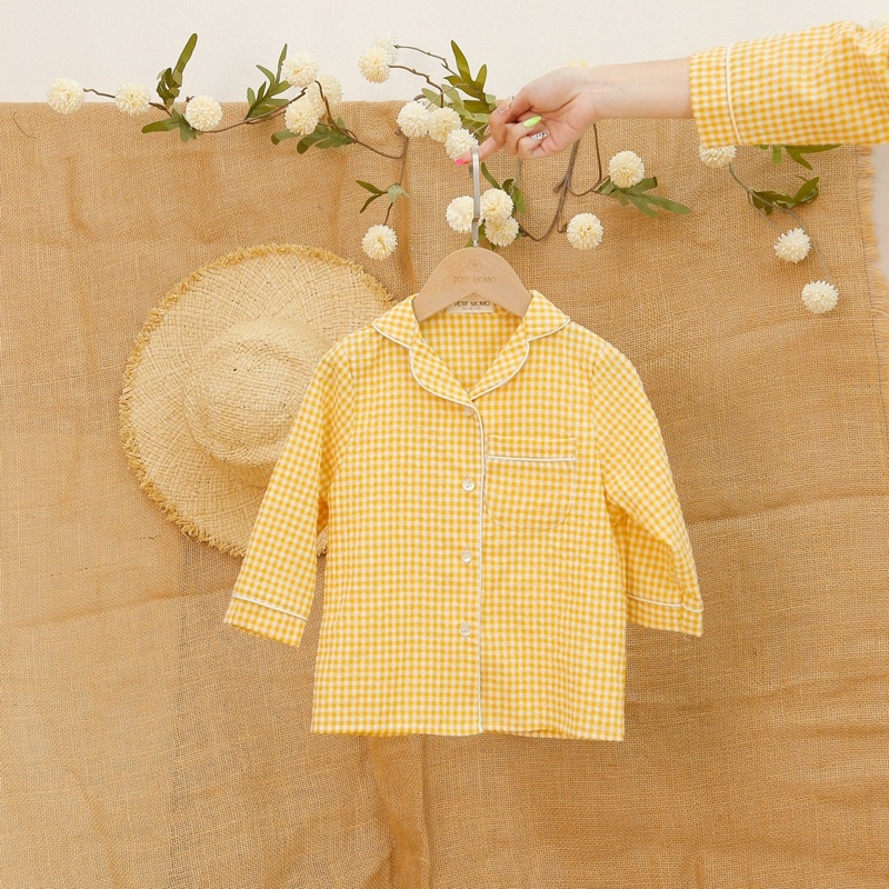 Bộ đồ ngủ mặc nhà cho bé  MOMOJAMA bộ pijama dài tay quần dài chất thô gingham đồ bộ mặc nhà thanh lịch cho bé