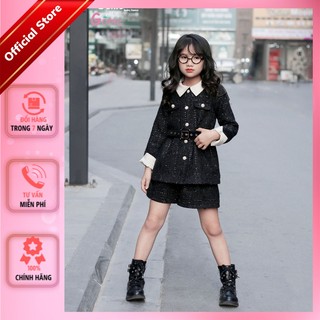 Set vest cho bé gái, bộ thu đông thời trang thiết màu đen chất dạ tweed cho bé gái cá tính Gome baby GD22-08