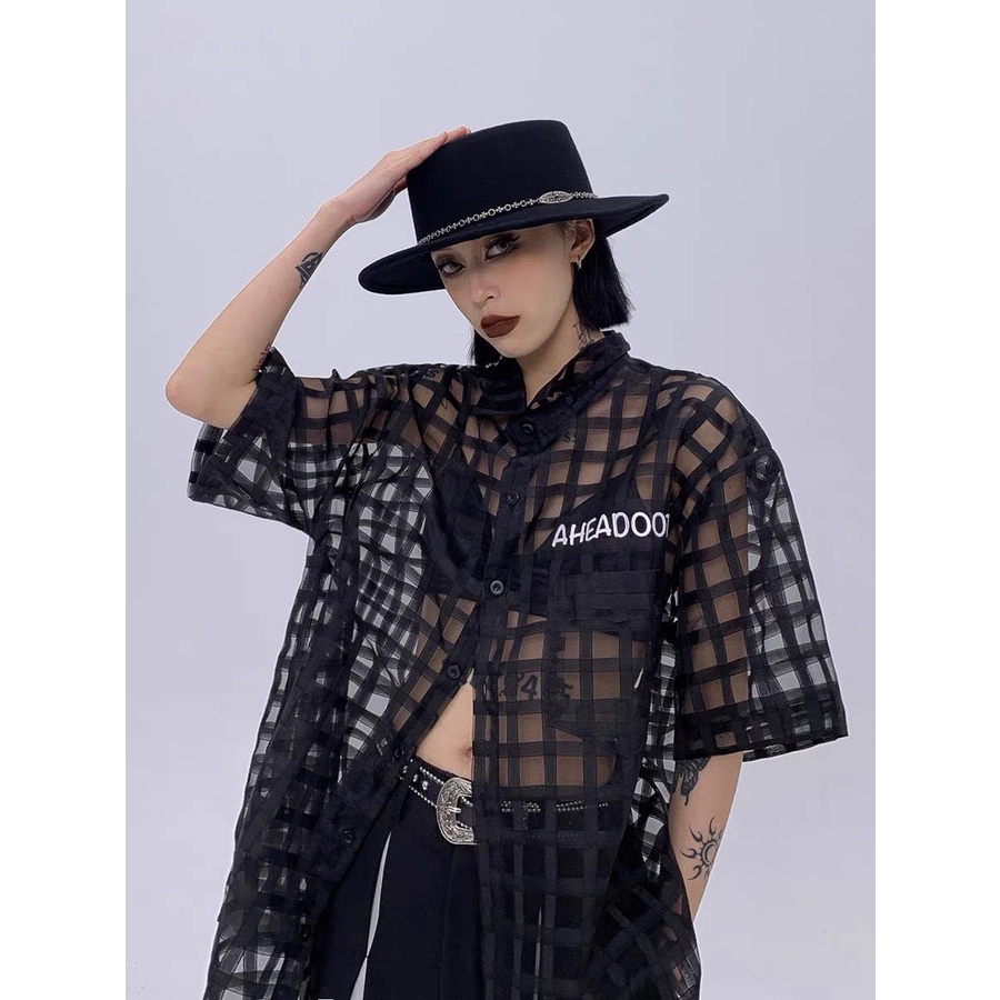 Áo sơ mi tay lỡ nam nữ voan lưới caro AHEADOOTD cao cấp