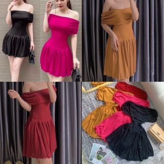 Đầm bẹt vai phối gân nhún xèo eo