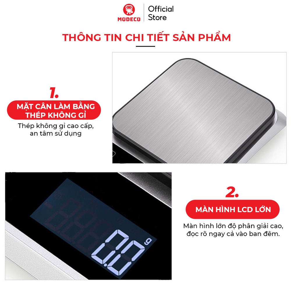 Cân Tiểu Ly Điện Tử Nhà Bếp Mini Modeco Định Lượng 0.1g - 5kg Làm Bánh Độ Chính Xác Cao, Đếm Tự Động - Kèm 3 Pin AAA