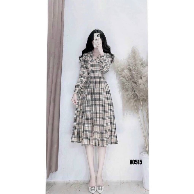 (FreeShip 2022) Đầm caro tay dài dáng xòe,đầm cổ bẻ phong cách hàn thích hợp cho nàng dạo phố,đi tiệc