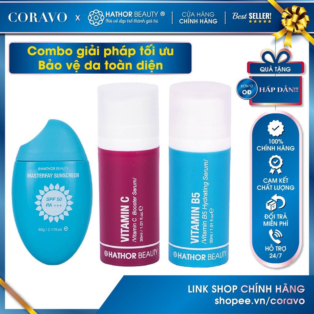 Bộ 3 chăm sóc da tối ưu, Bảo vệ da toàn diện - Vitamin B5, Vitamin C, Kem Chống Nắng - Hathor Beauty (Kim Thiên Hoa)