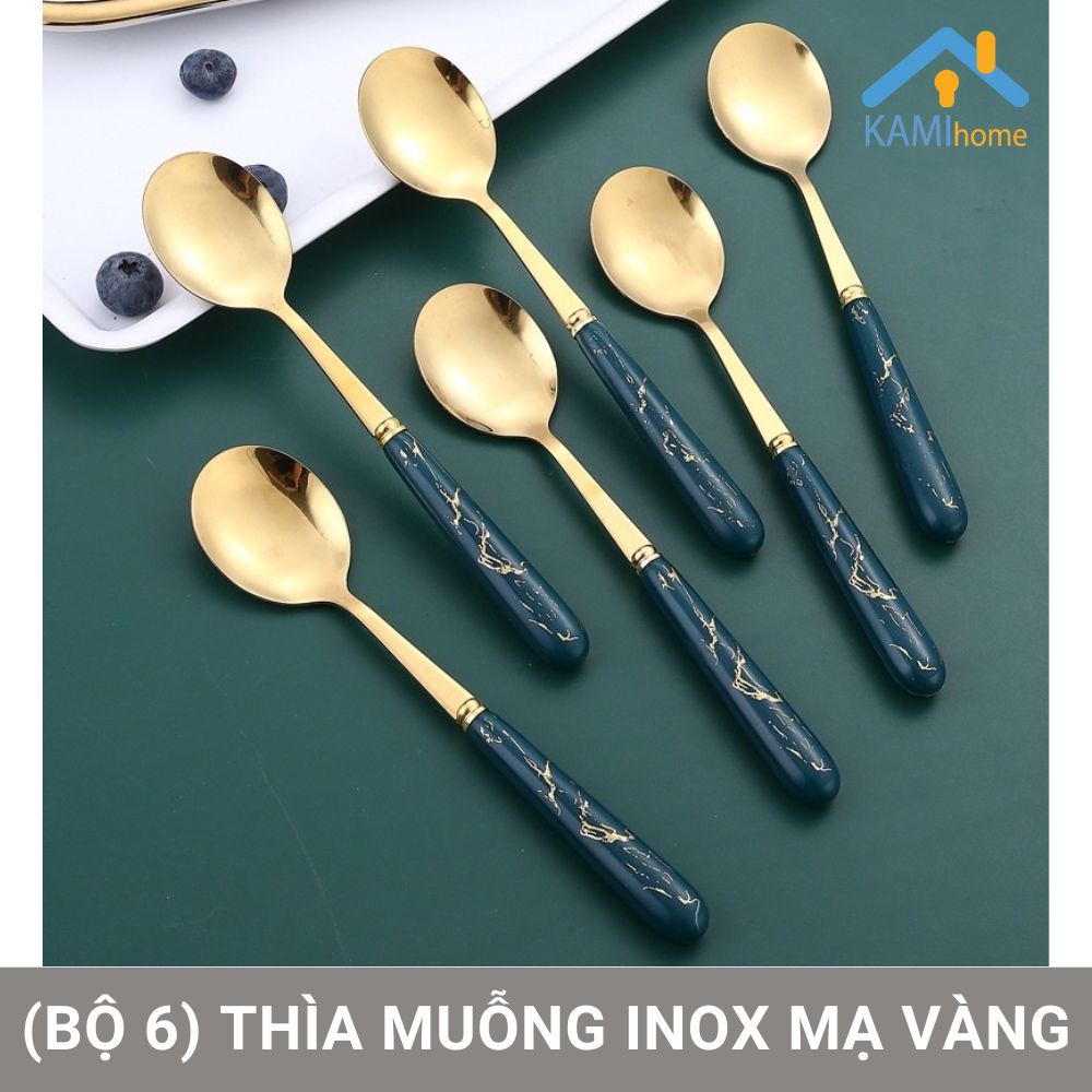 (Bộ 6) Thìa Inox Mạ Vàng, Chuôi Vân Đá Sang Trọng 17cm, kèm hộp. KM 20115