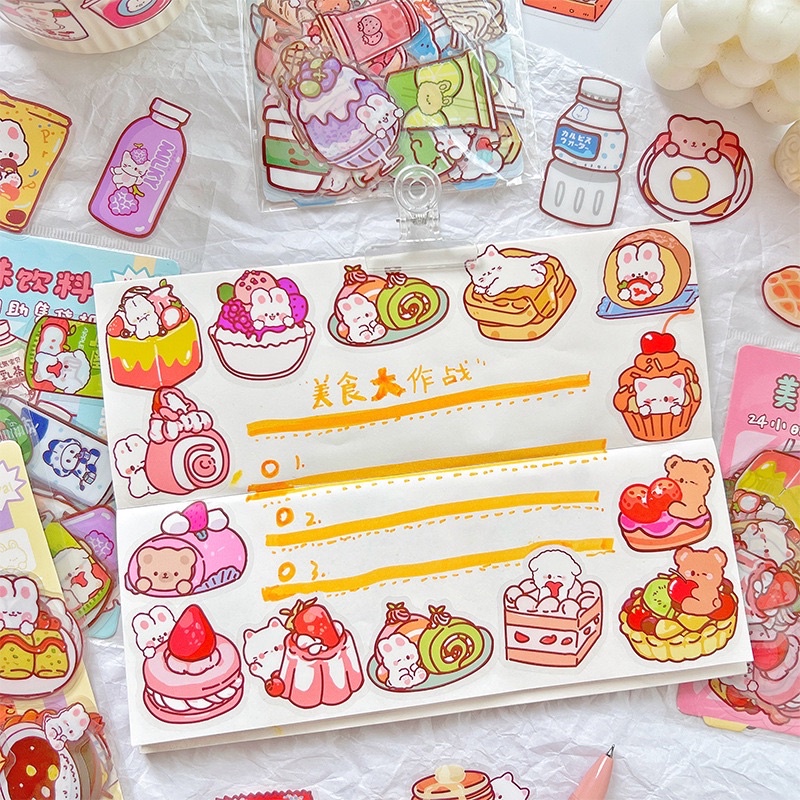Set 40 sticker trong suốt Hình Thỏ Food, đồ ăn Siêu Dễ Thương Trang Trí Sổ Bulley journal