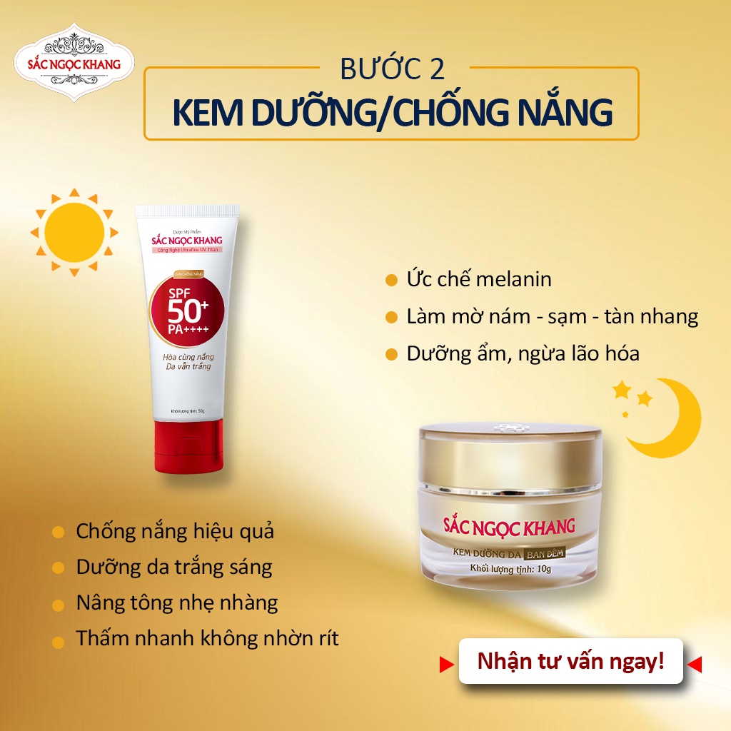 Liêu trình SẮC NGỌC KHANG giúp giảm nám, tàn nhang [2VU Vi tảo+Kem 10g+Serum+tẩy trang+ srm100g+hoa hồng+chốngnắng 50g]