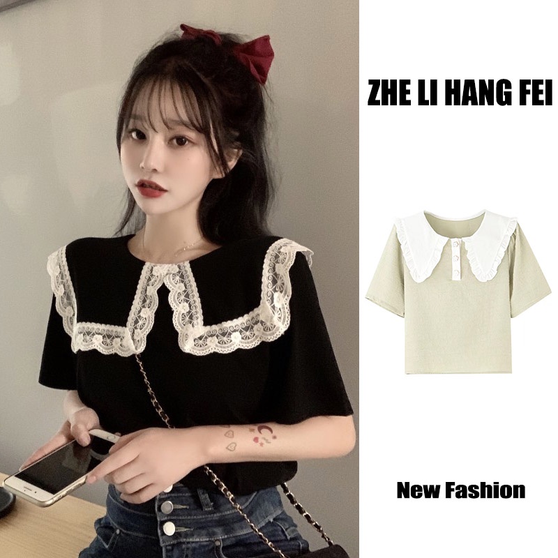 Áo kiểu ZHELIHANGFEI tay ngắn cổ búp bê phối ren mỏng thời trang mùa hè dành cho nữ