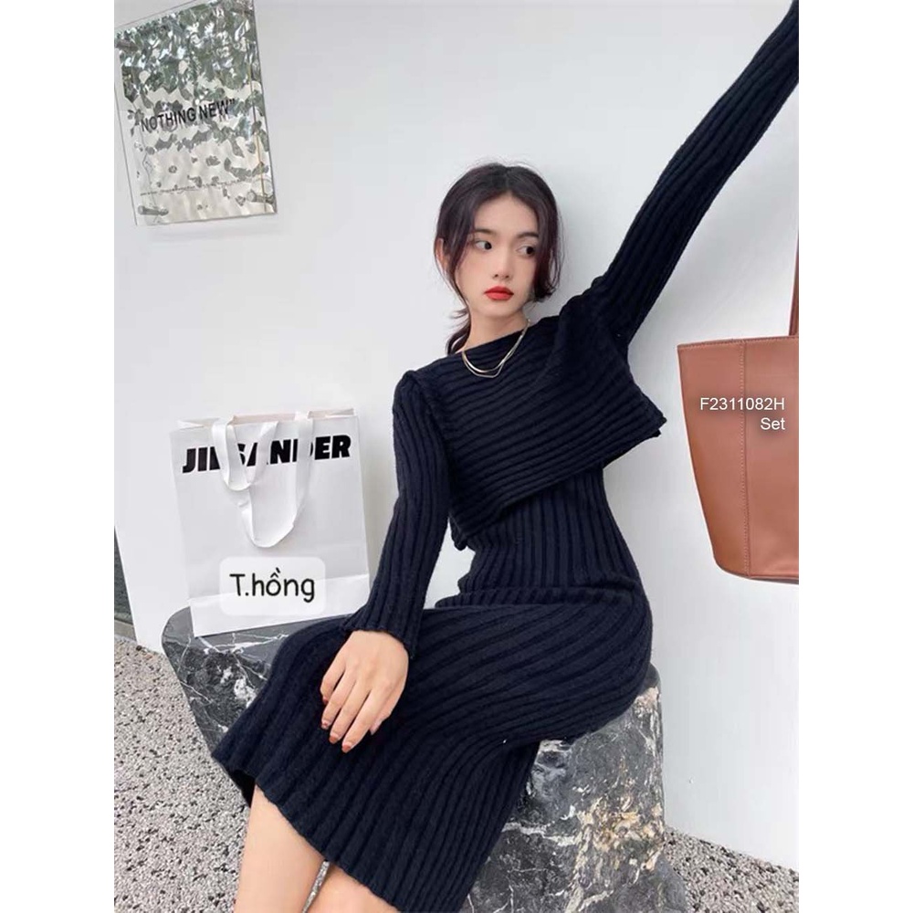 Set len áo tay dài form ngắn+ đầm ôm body dáng dài!