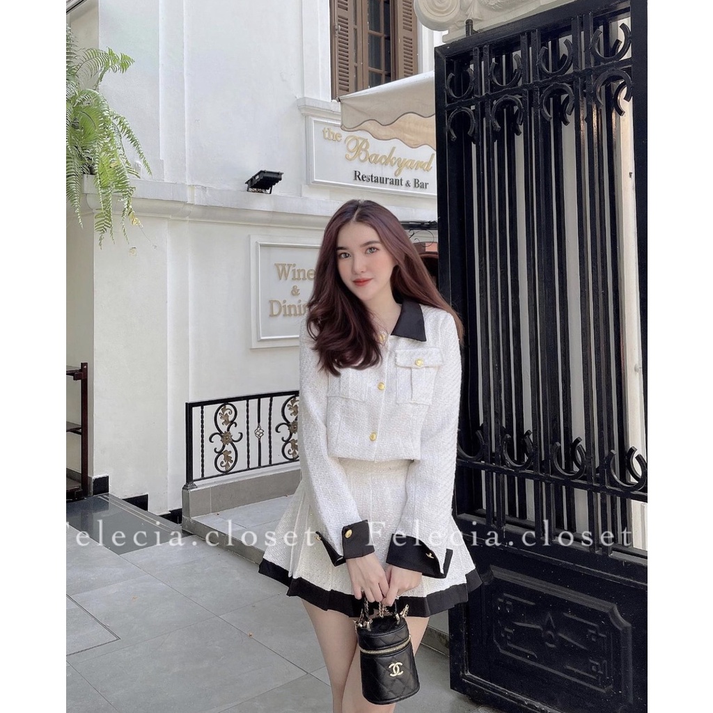 Set Dạ Áo Croptop 2 Lớp Phối Cổ Mix Chân Váy Xoè Xếp Ly Hàng Thiết Kế 2 Lớp @Tesoro clothes