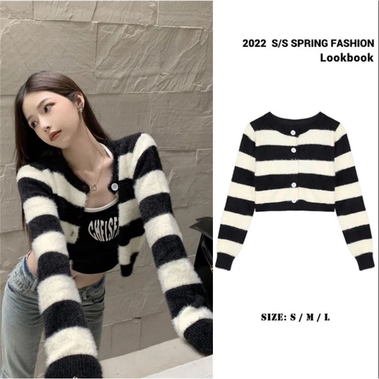 Áo Khoác Sweater Dệt Kim Kẻ Sọc Dáng Rộng Thoải Mái Cho Nữ