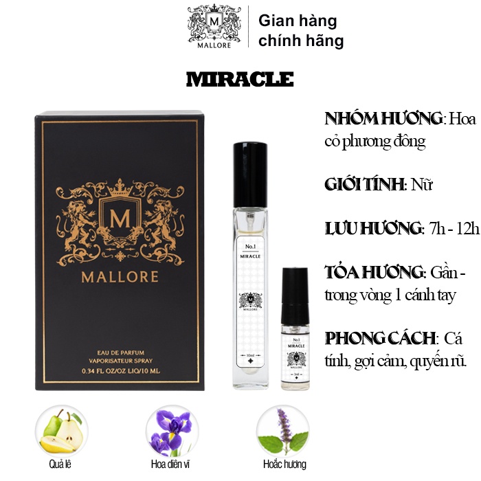 Nước hoa nữ Miracle ngọt ngào, thơm mát, gợi cảm Mallore 10ml dạng xịt tiện lợi